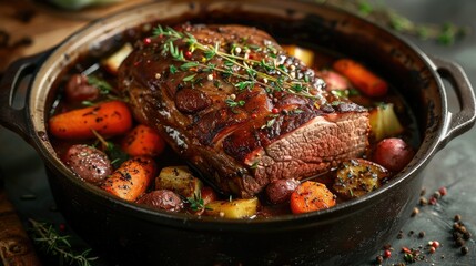 Delicious roasted beef with vegetables in a rustic cast iron pot, garnished with fresh herbs. Perfect for a cozy and hearty meal.