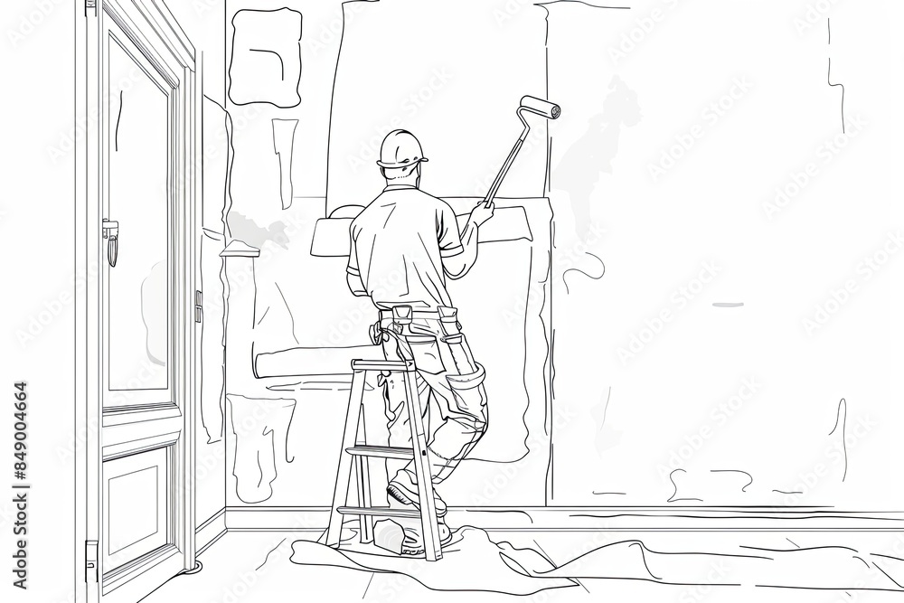 Poster a continuous line drawing depicting a painter using a paint roller to decorate an interior wall, sta