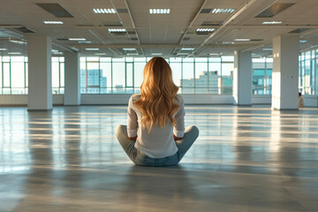 A businesswoman sitting alone in a large, empty office space with a contemplative expression, suggesting reflection or decision-making.