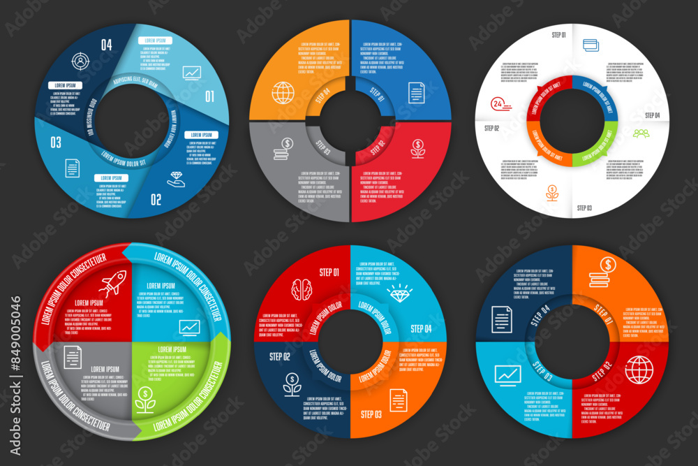 Aufkleber vector set circle pie chart into 4 step. concept startup development strategy. infographic for busin