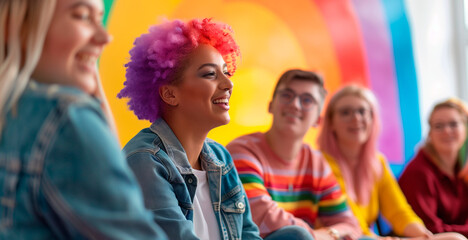 a telephoto shot of an LGBTQ+ student council meeting with diverse members discussing school activities, Gender-diverse people, LGBTQ+, living freely, happily at school, friends, f