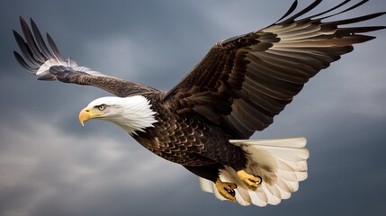 Fototapeta premium US Independence Day July 4th, a soaring bald eagle against a daytime cloudy sky. AI generated.