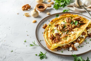 Fototapeta premium trendy omelet with goat cheese, walnuts and caramelized red onions on white background with copy space for text