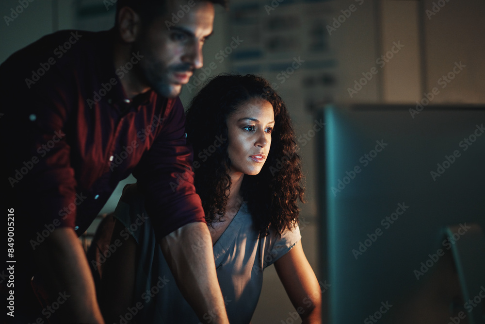 Poster business team, computer and planning at night for collaboration, solution or problem solving at crea