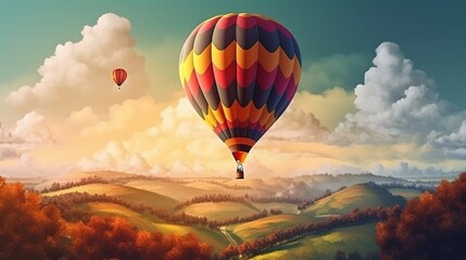 Obraz premium Colored balloons fly in the clouds in the sun over the mountains, hills. AI generated.
