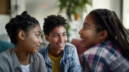Obraz premium a close-up image of a young non-binary person having a heartfelt conversation with their supportive parents at home, Gender-diverse people, LGBTQ+, living freely, happily at school