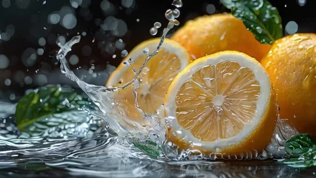 Lemon water splash isolated on a white transparent background, png. Lemon fruit slice, leaves and water splash. background water wave, citrus piece and mint foliage