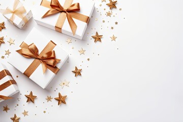 White Gift Boxes with Gold Ribbons - Christmas - Copy Space