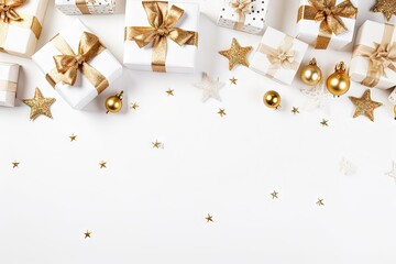 White Table with Christmas Presents, Gold Bows, and Stars - Flat Lay