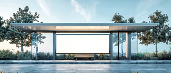 Contemporary city bus stop with an empty billboard, sleek bench, glass and steel design