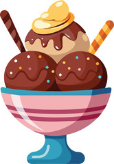 Delicious ice cream sundae dripping with chocolate sauce in glass vase