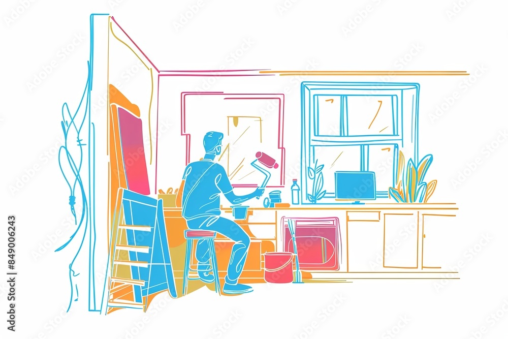 Aufkleber continuous line drawing of a painter using a roller to paint a wall in a room with a window, compute
