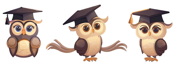 Fototapeta premium Adorable owls wearing graduation caps, symbolizing wisdom, achievement, and education.
