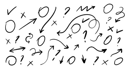 Doodle style symbols - checkmark, cross, circle and arrows. Hand drawn vector decorative elements.