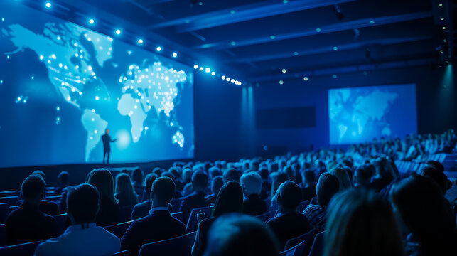 A business conference in a modern auditorium featuring a speaker on stage presenting to audience