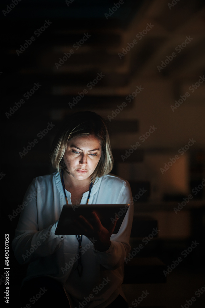 Poster business, dark and woman with tablet, typing and internet with connection, social media and network.