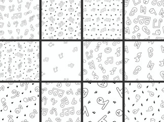 Cute kawaii music notes. Seamless pattern. Coloring Page. Funny cartoon character. Hand drawn style. Vector drawing. Collection of design ornaments.
