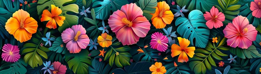 A beautiful watercolor painting of colorful hibiscus flowers in a tropical setting.