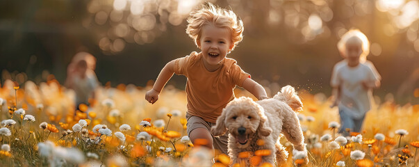 Happy children playing with a dog. Children running from dogs