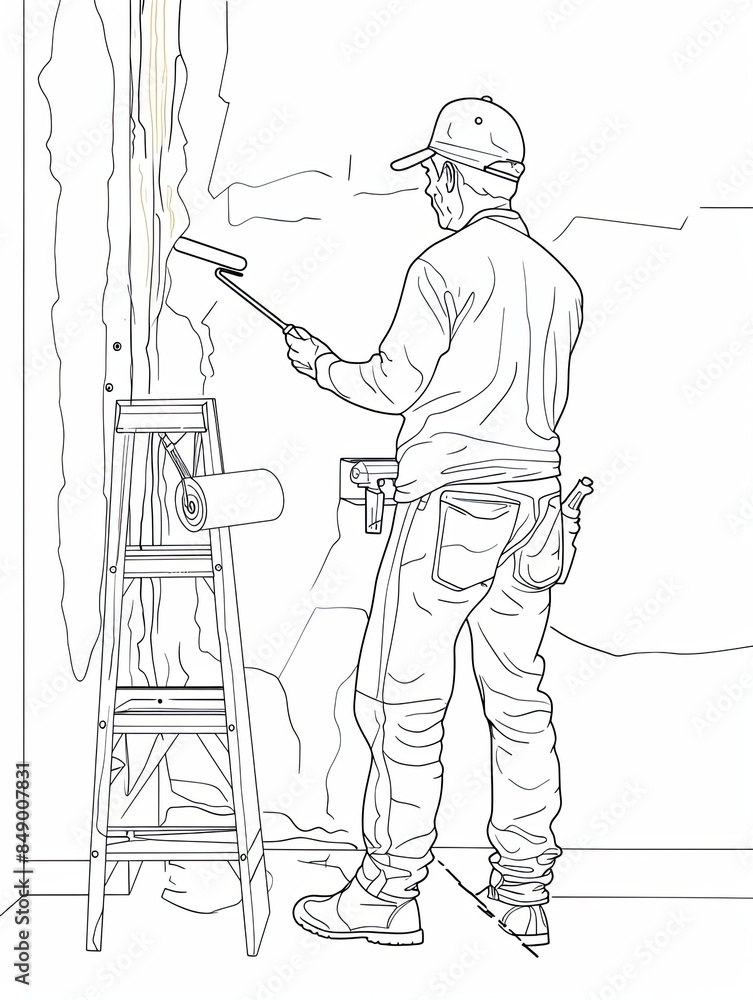 Poster a continuous one-line drawing depicting a painter using a paint roller to apply paint to a wall. the