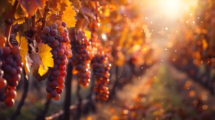 Bountiful Autumn Vineyard Landscape with Golden Grapevines and Fruit