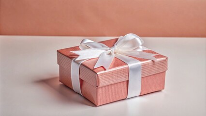 The photo shows a beautifully wrapped gift box. The box is covered in shiny red wrapping paper and tied with a white satin ribbon, forming a neat bow on top.