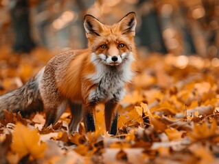 Fototapeta premium Fluffy Red Fox Blending with Vibrant Autumn Leaves in Scenic Forest Landscape