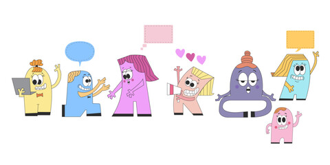 cute retro style cartoon with speech bubble, proposal cartoon,yoga cartoon,cartoon with loud speaker, vector design set. 