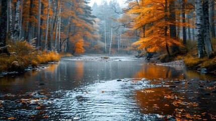 Scenic Autumn Forest River Winding Through Vibrant Fall Foliage Reflection