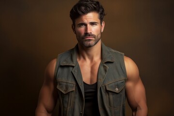 Obraz premium Portrait of a jovial man in his 30s wearing a rugged jean vest isolated on blank studio backdrop