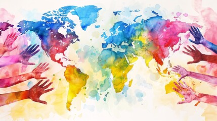 A colorful watercolor world map with diverse hands reaching towards each other, symbolizing global unity and diversity on a white background. The simple yet powerful design showcases the