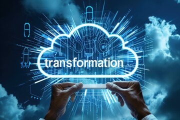 A person holds a tablet with a cloud computing symbol and the word transformation overlaid, showcasing the shift towards digital solutions.