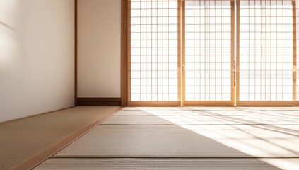 photo of a minimalist Japanese-style room with tatami mats and wooden doors