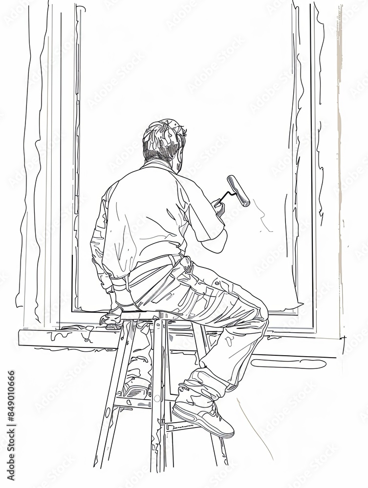 Poster a single-line drawing of a painter sitting on a stool and using a roller to paint a wall. generative