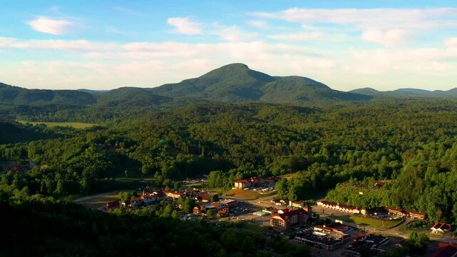 Flying over German town Helen in the Blue Ridge Mountains of North Georgia