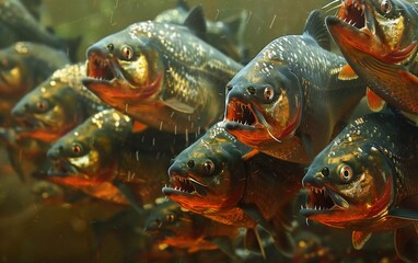 dangerous flock of red-bellied piranhas, a species of adult ornamental fish with sharp teeth from the Amazon river basin