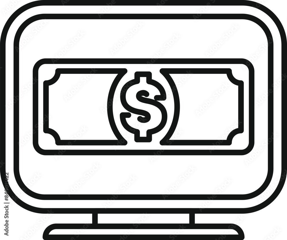 Poster simple line icon representing online banking system with dollar bill on screen