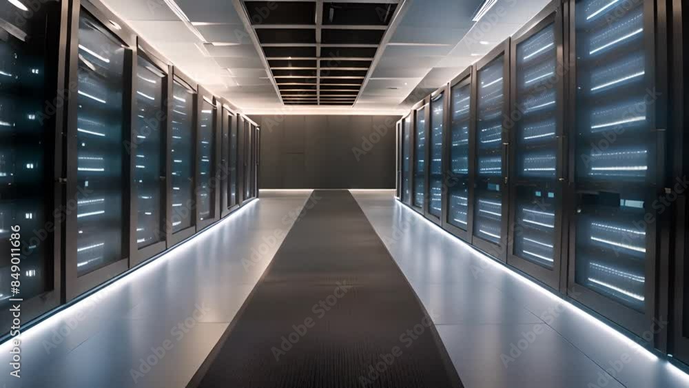 Poster server room aisle with rows of cabinets generative ai