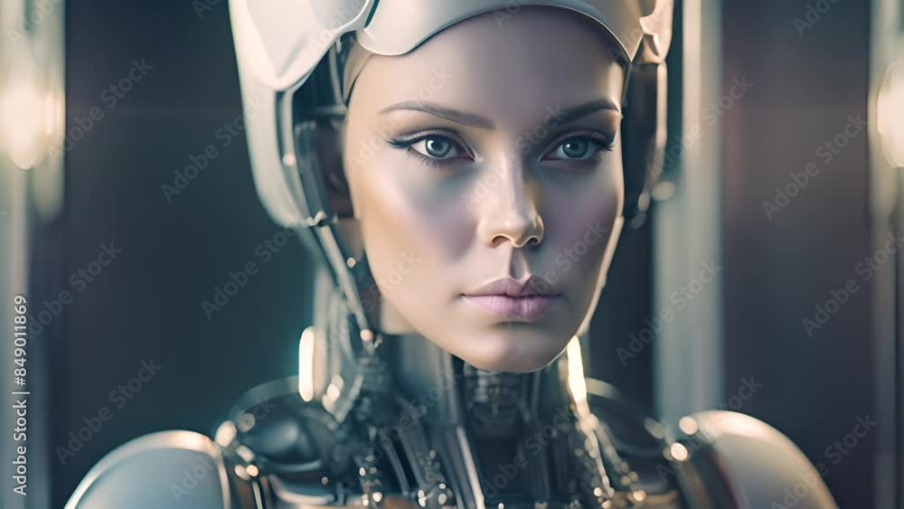 Poster female android robot with white skin generative ai