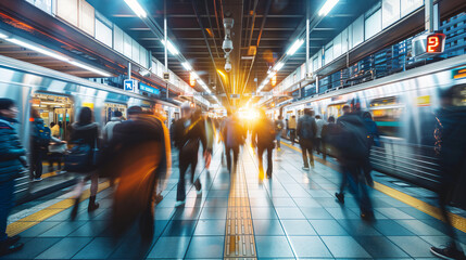 Busy hours at a train station in the city with people rushing.