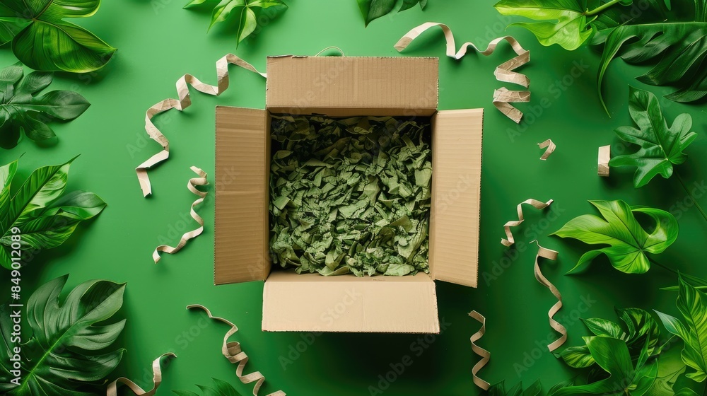 Sticker Top down view of an open cardboard box with paper stuffing on a green backdrop accompanied by green foliage