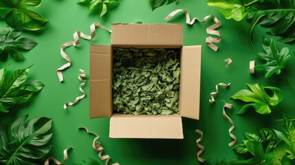 Top down view of an open cardboard box with paper stuffing on a green backdrop accompanied by green foliage