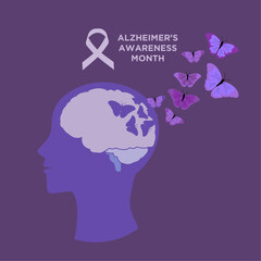 Alzheimers awareness purple ribbon with butterfly fly out of the head