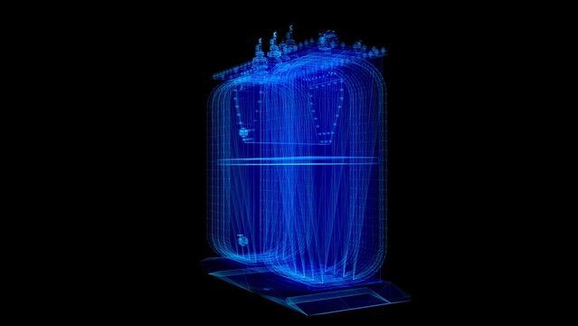 High voltage power transformer. Glowing blue light 3d model energy substation with lines, dots and particles