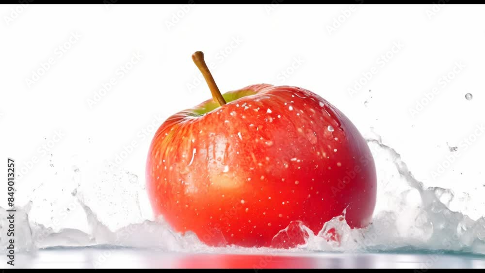 Poster a red apple is floating in a splash of water. the splash is white and the apple is the main focus of