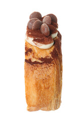 One supreme croissant with chocolate chips and cream on white background. Tasty puff pastry