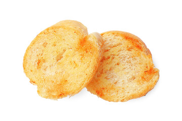 Pieces of toasted bread isolated on white, top view