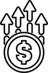 Line art of a dollar coin increasing value with upward arrows, concept of business success and financial growth