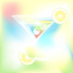Summer dreamy blurred cocktail with ice cubes and lemon. Vector stock illustration.
