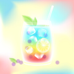 Summer dreamy blurred rainbow cold drink cocktail with ice cubes, berries and lemon. Vector stock illustration.